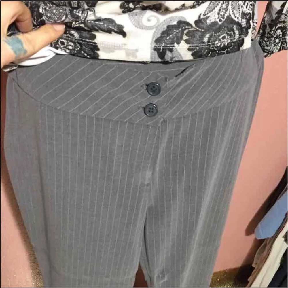 Gray and white pinstripe pants